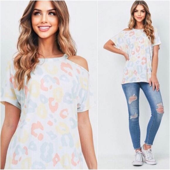 Perfect Peach Women's Short Sleeve Cold Shoulder Dolman T-Shirt Pastel Leopard - Picture 8 of 8